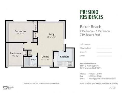 Floor plan for 2 beds, 1 bath, 780 sqft